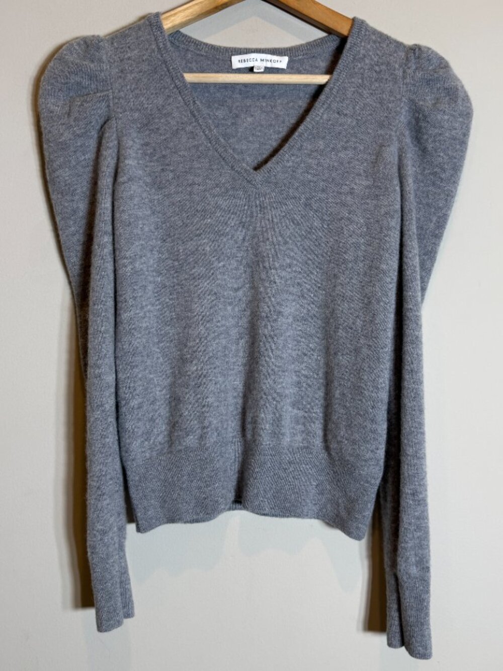 Rebecca Minkoff Janine Wool Puff Sleeve V-Neck Sweater Pullover Women's XS Gray - Picture 6 of 15